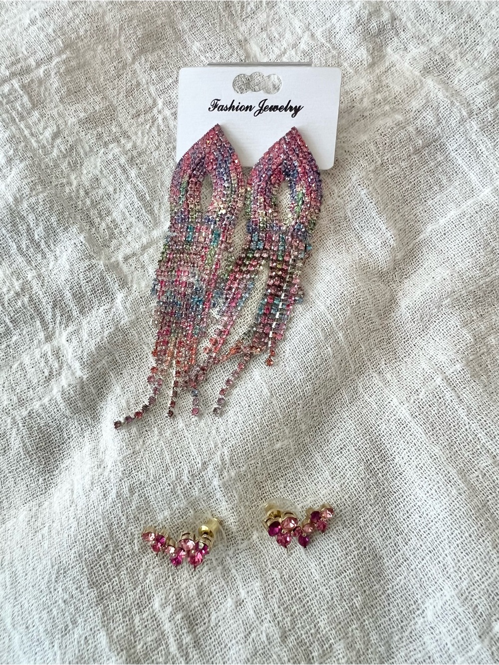 Set of Two Pink Multicolor Fringe Crystal Drop Earrings and Crystal Bunch